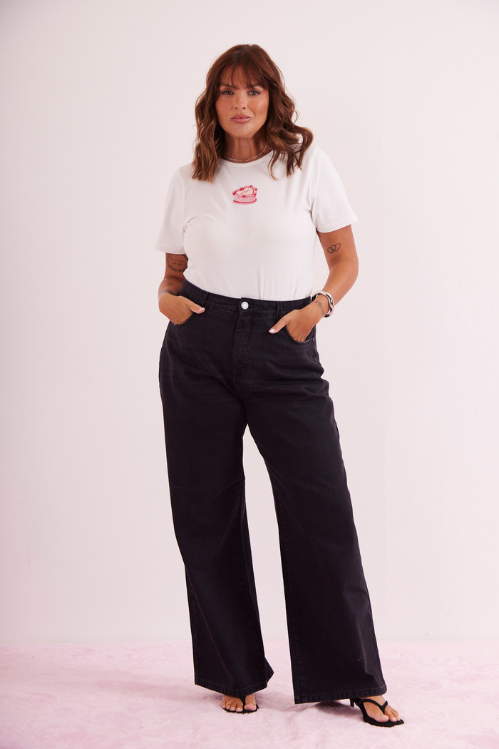 CALÇA WIDE LEG BLACK JEANS PRETO ESTONADO