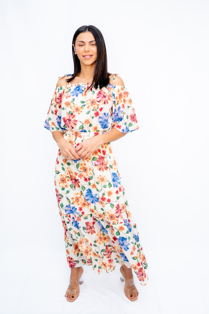 Vestido Longo Floral Manga Cigana Nude