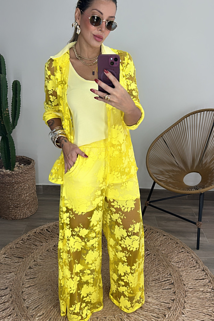 Conjunto de renda com malha vicenza Francesca Amarelo
