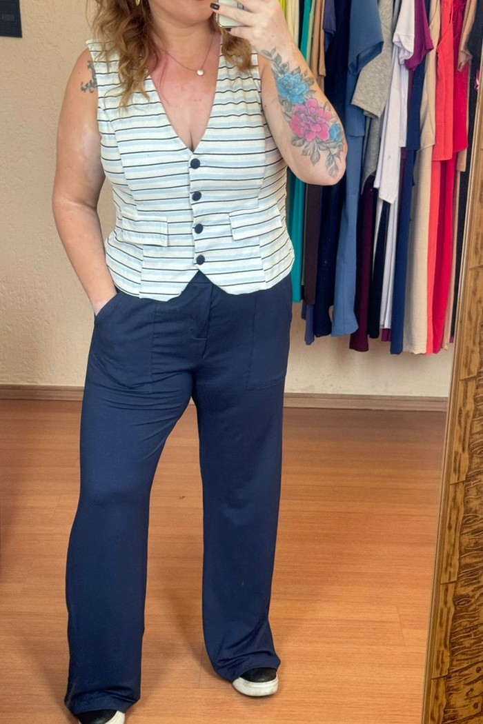 Conjunto de Malha Algodão com Moletinho Listrado Kate Azul Marinho