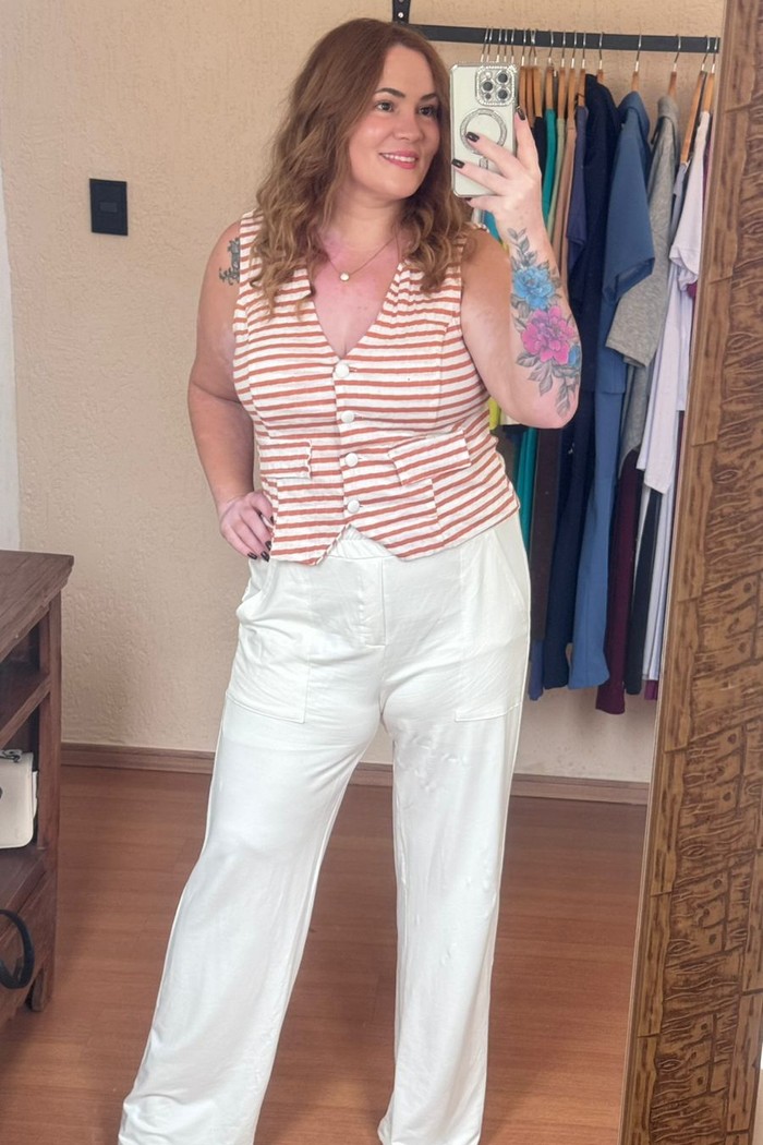 Conjunto de Malha Algodão com Moletinho Listrado Kate Off white com Nude