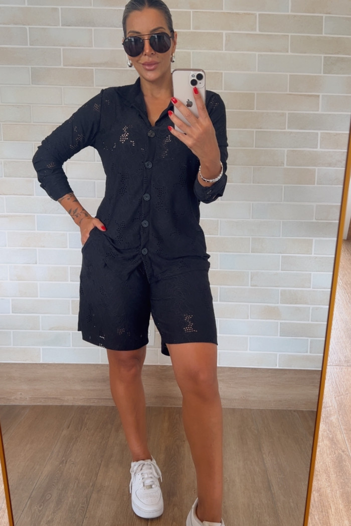 Conjunto De Camisa e Bermuda na Malha Lasie Preto Marilia