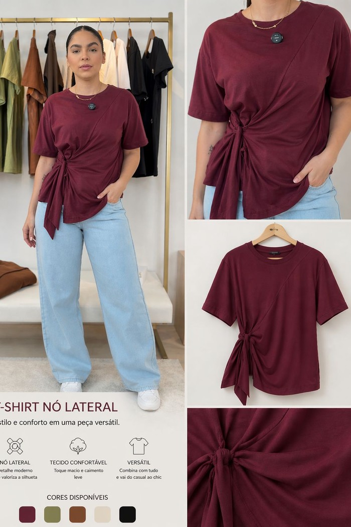 T-shirt Feminina Paloma Detalhe Transpassada Cor Marsala