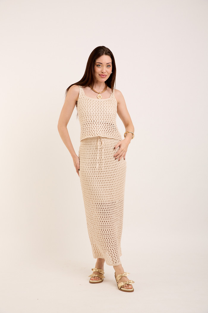 Conjunto de Blusa Cropped e Saia Tricot - Bege