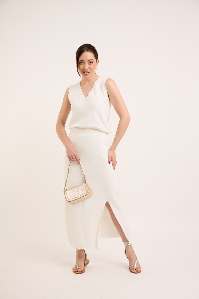 Saia Midi Tricot com Fenda - Off White