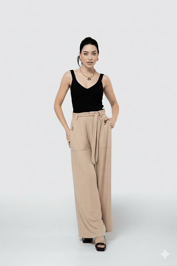 Calça Pantalona com Faixa - Bege