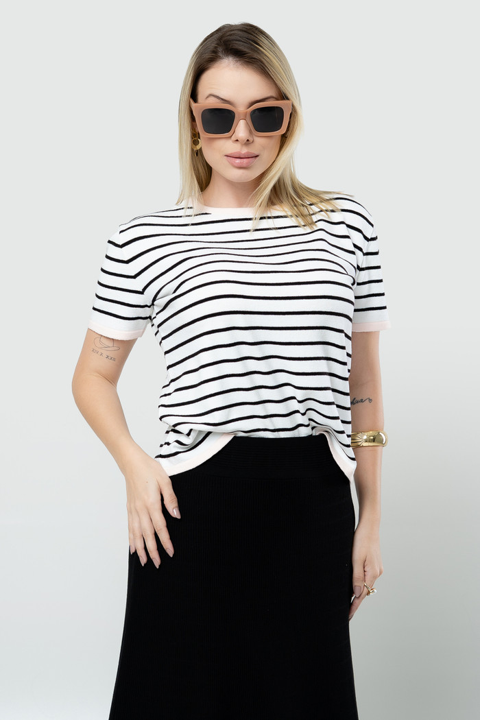 Blusa Listra Tricot Gola Redonda com Manga - Branca
