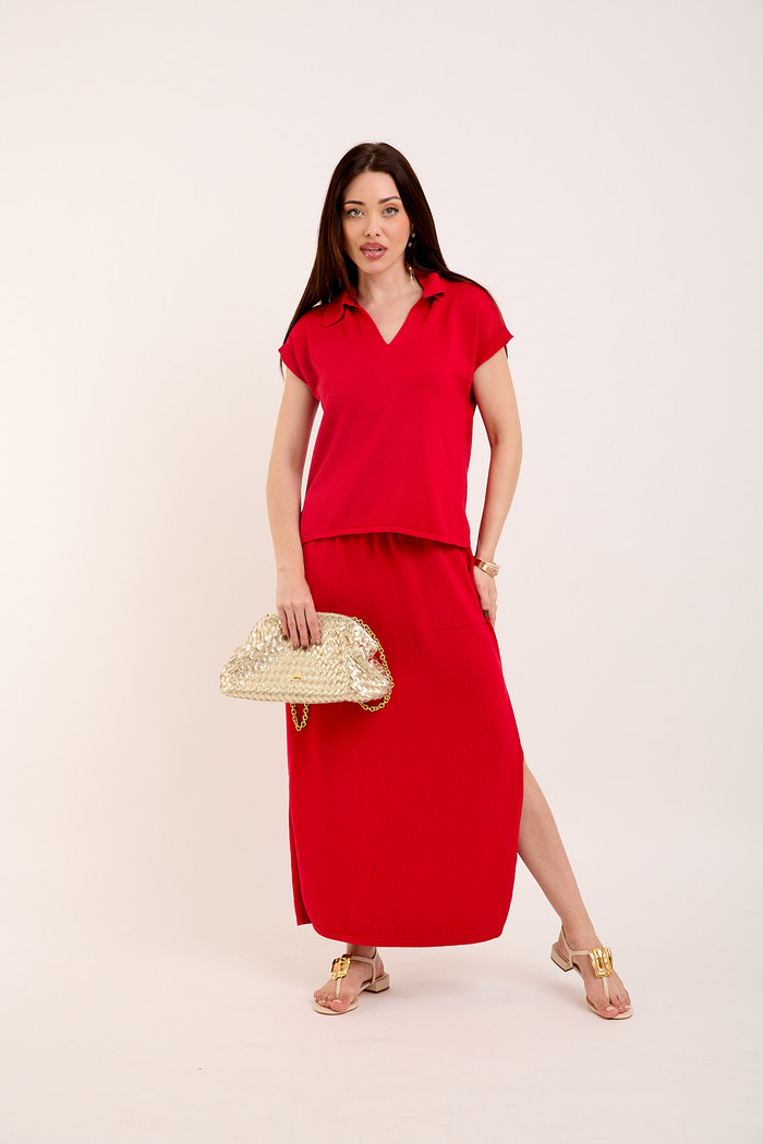 Conjunto com Blusa Gola e Saia em Tricot - Vermelho