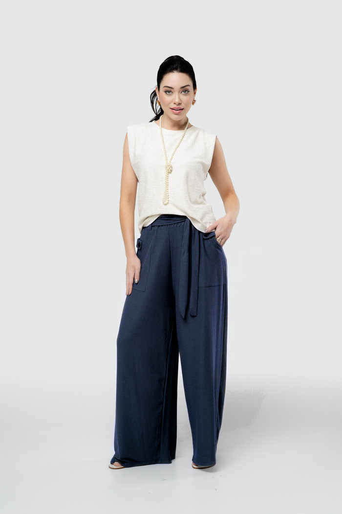 Calça Pantalona com Faixa - Azul