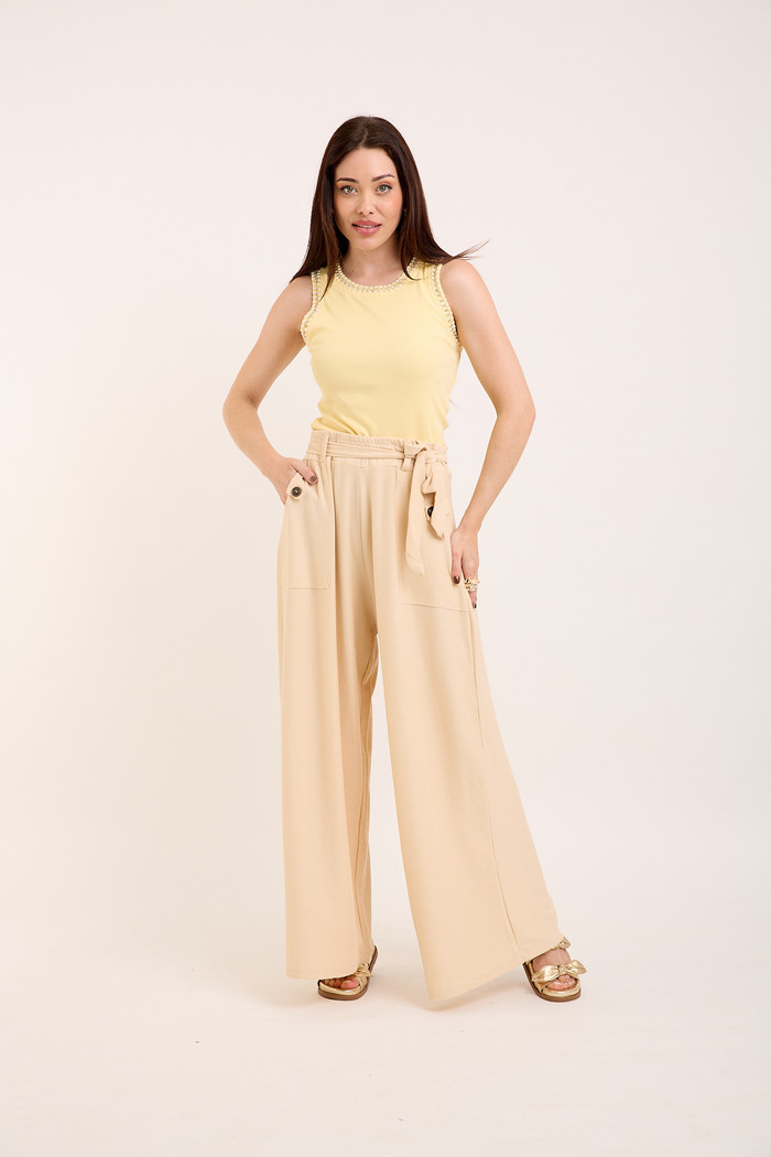 Calça Pantalona com Faixa - Bege