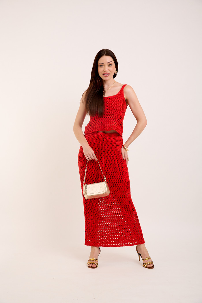 Conjunto de Blusa Cropped e Saia Tricot - Vermelho