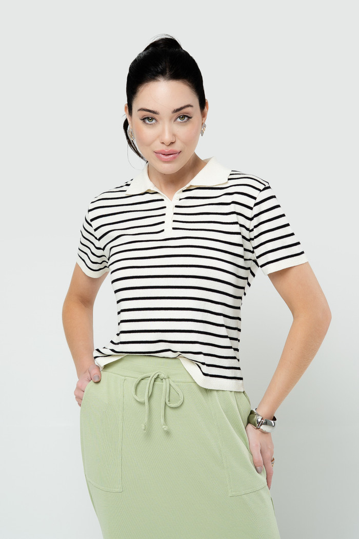 Blusa Polo Listra Tricot com Manga - Off White