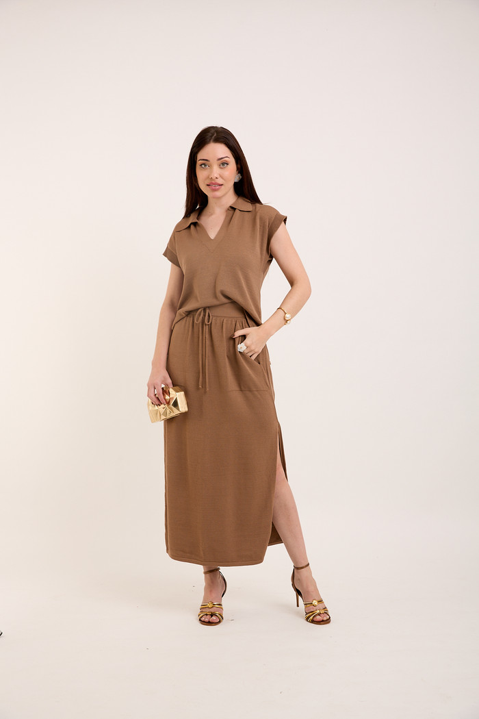 Saia Midi com Bolso Tricot Chocolate