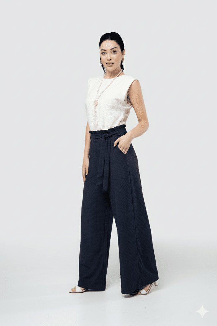 Calça Pantalona com Faixa - Azul