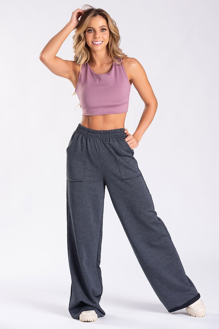 Calça Wide Leg Moletom Mescla Escuro