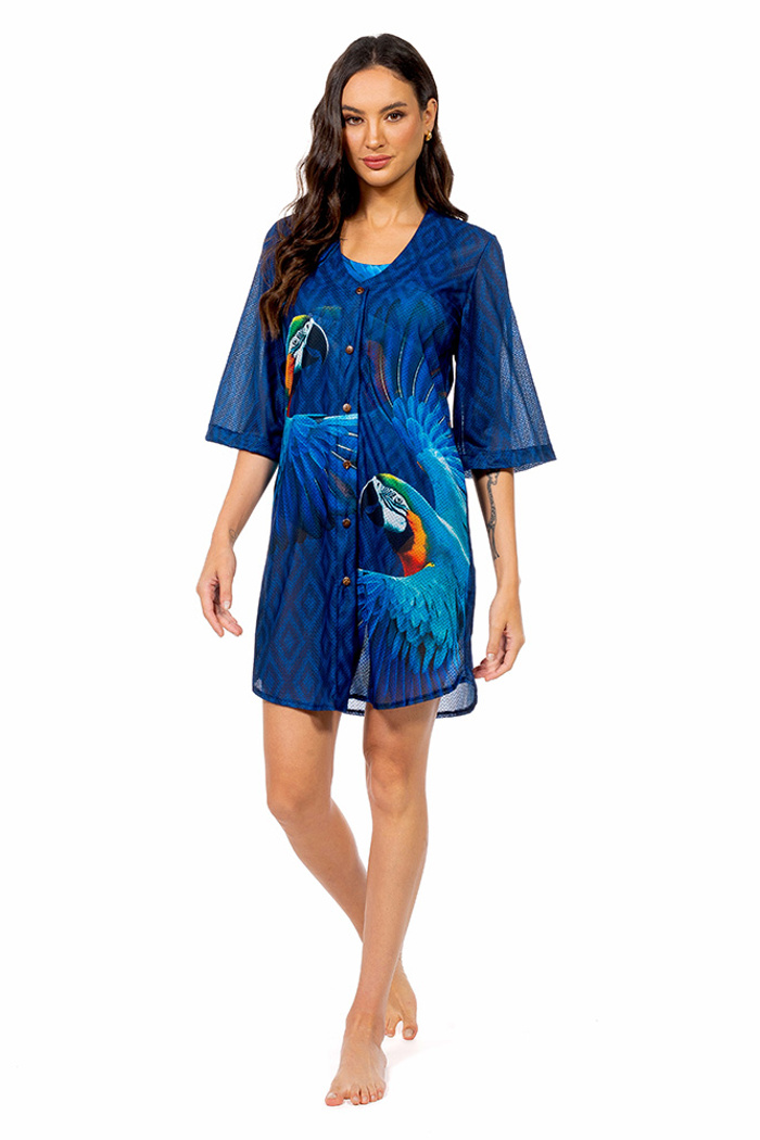 Saída de Praia Chemise Alongada Maxi Arara Fundo Azul