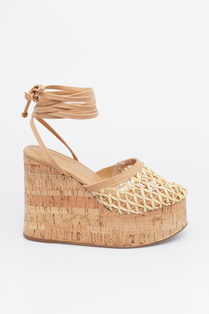 Sandália Capri palha plataforma anabela com amarração