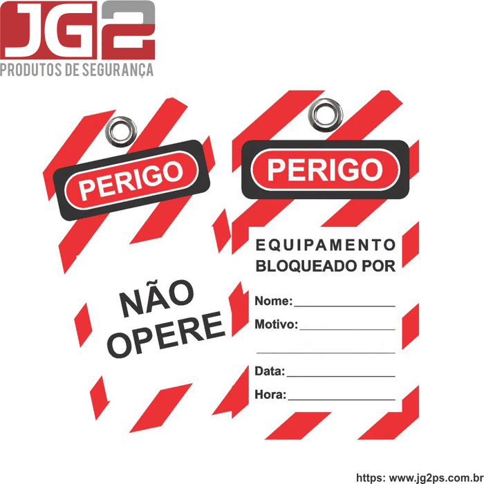 Foto de frente e de trás da etiqueta de bloqueio personalizada da empresa JG2