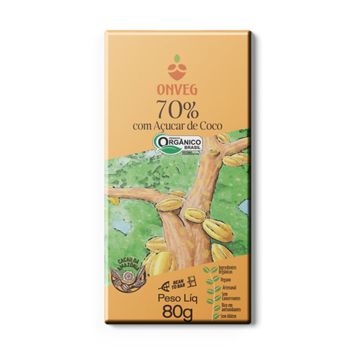 Chocolate 70% Cacau com Açúcar de Coco Orgânico Onveg – 80G