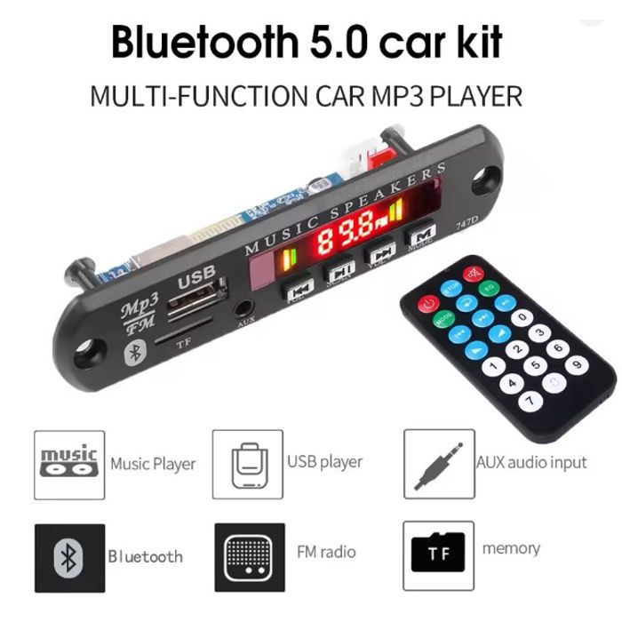 ISO6S0152 12V - KIT RECEPTOR AUTOMOTIVO 5V/12V - BLUETOOTH 5.0 - PLACA DECODIFICADORA - RADIO FM - MODULO TF - USB 3.5MM - AUDIO AUXILIAR - PC