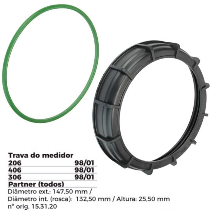 ISO1904006 G - TRAVA BOIA COMBUSTIVEL PEUGEOT 206/207/ PARTNER- COM GUARNICAO- DIAMETRO EXTERNO 147,50MM, DIAMETRO INTERNO (ROSCA) 132,30MM, ALTURA 25,50MM (EMB. COM 01 KIT - VALOR DO JOGO) - JG
