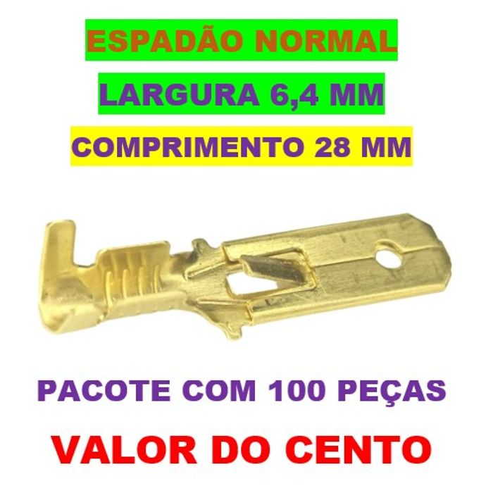 ISO80186 - TERMINAL MACHO ESPADAO COM TRAVA - LARGURA 6,4 MM - COMPRIMENTO 28 MM (EMB. COM 100 PECAS -  VALOR DO CENTO) - CT