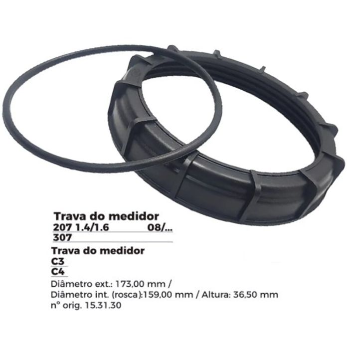 ISO1904014 G - TRAVA BOIA COMBUSTIVEL PEUGEOT 307/ CITROEN C3/C4- COM GUARNICAO- DIAMETRO EXTERNO 173,00MM, DIAMETRO INTERNO (ROSCA) 159,00MM, ALTURA 36,50MM (EMB. COM 01 - KIT VALOR DO KIT) - KIT