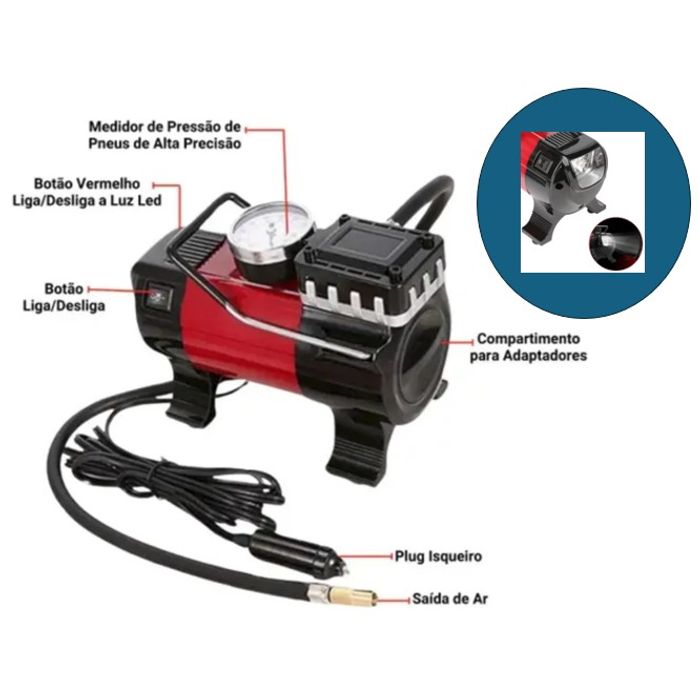 ISO14MC004 12V - MINI COMPRERSSOR PORTATIL 12V 10AMP 140PSI 12 AMP 1X30MM VERMELHO   (EMB. COM 1 PC- VALOR UNITARIO) - PC