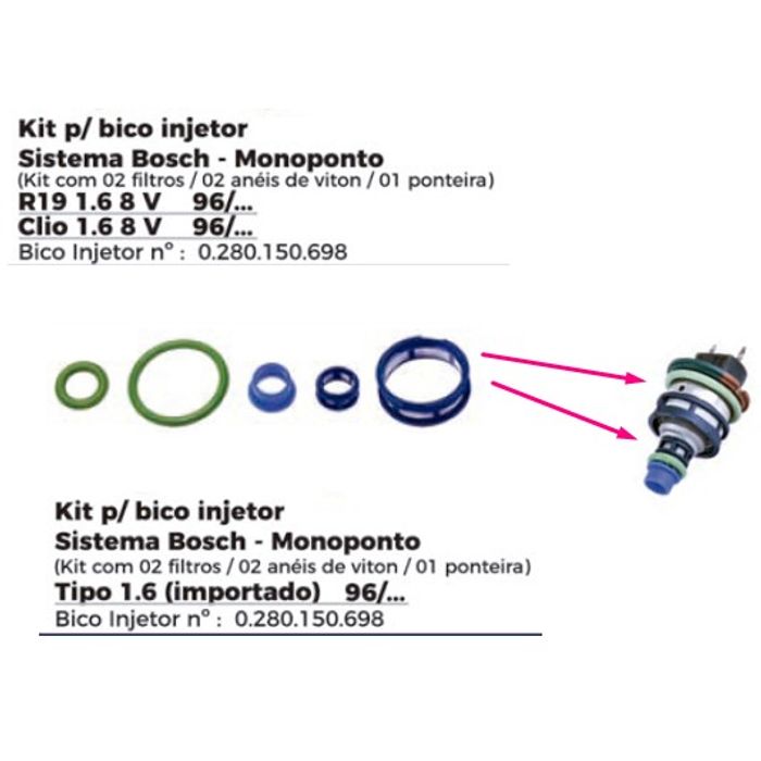 ISO1902064 - REPARO BICO INJETOR SISTEMA BOSCH MONOPONTO/ RENAUT/ CLIO (EMB. COM 02 FILTROS, 02 ANEIS DE VITON, 01 PONTEIRA - PREÇO DO KIT) - KIT