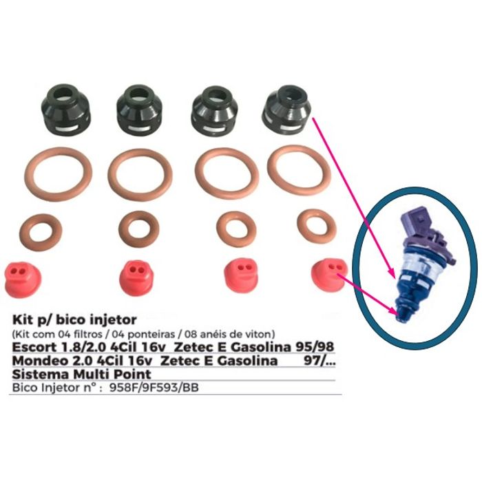 ISO1902024 - REPARO BICO INJETOR FORD/ 4 CILINDROS/ ZETEC 16V (EMB. COM 04 FILTRO, 04 PONTEIRAS, 8 ANEIS DE VITON - PREÇO DO KIT) - KIT