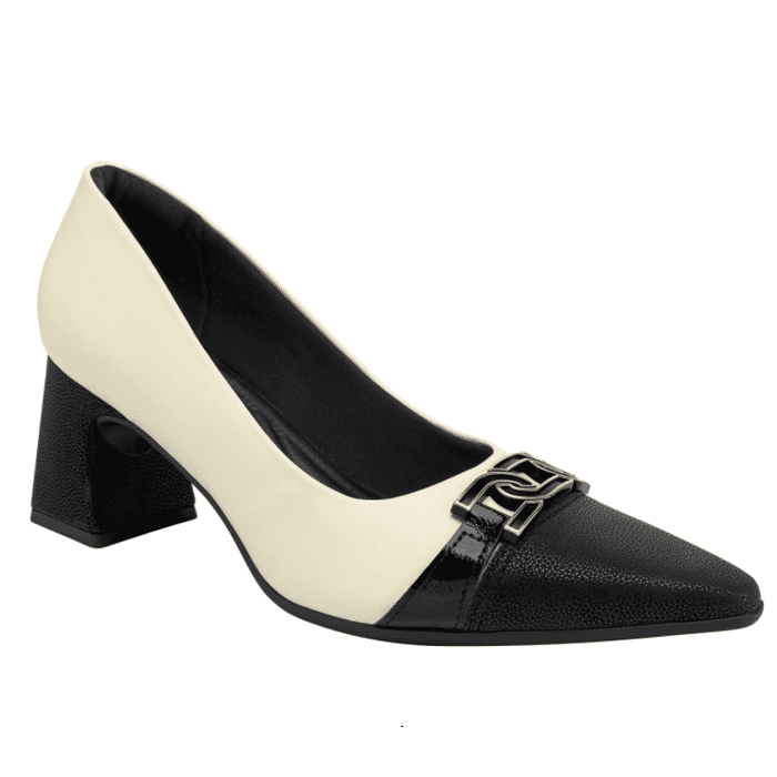 Sapato Piccadilly Salto Bloco Baixo Feminino Cor Off White/Preto
