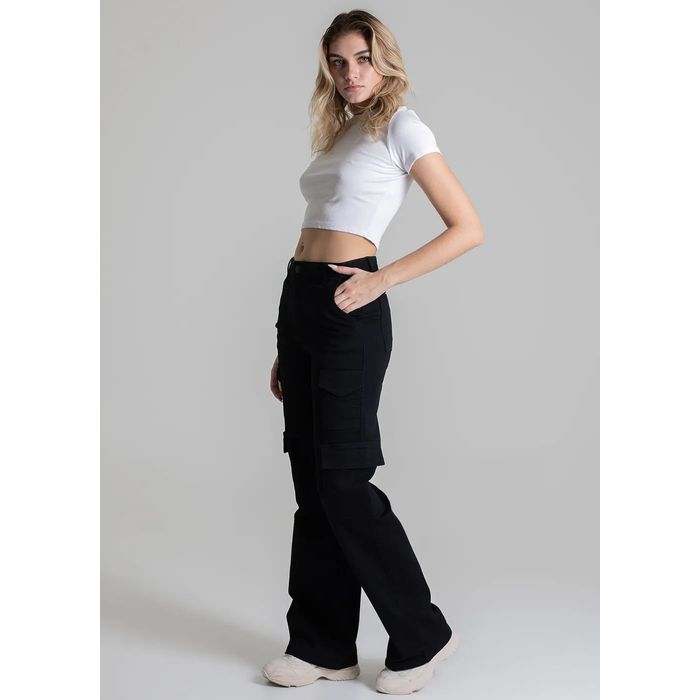 Calça Jeans Sawary Cargo Feminino Cor Preto
