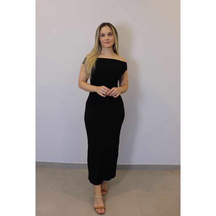 Vestido Lzt Ombo A Ombro Ribana Feminino Cor Preto