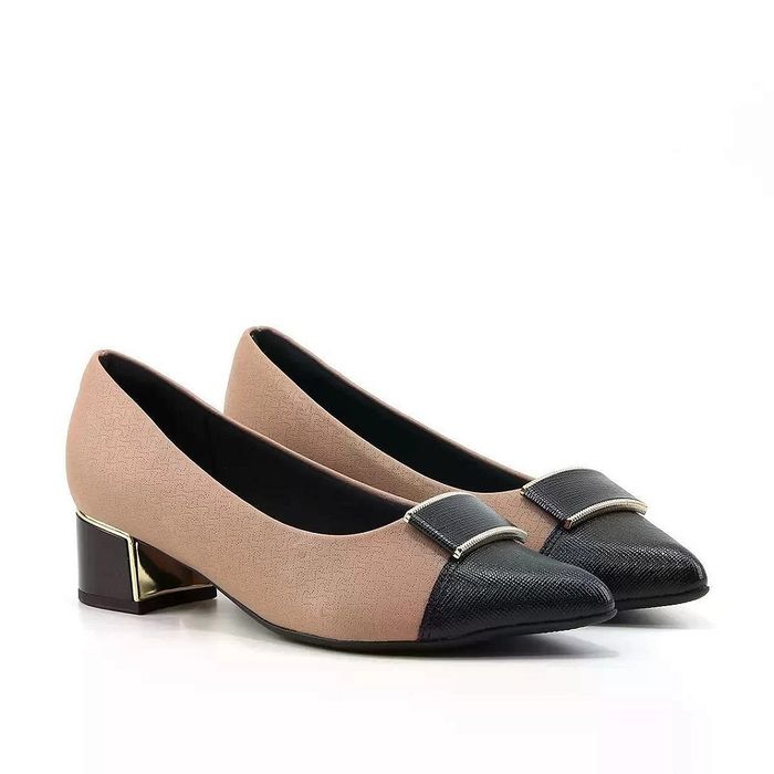 Sapato Piccadilly Salto Bloco Baixo Feminino Cor Nude/Preto