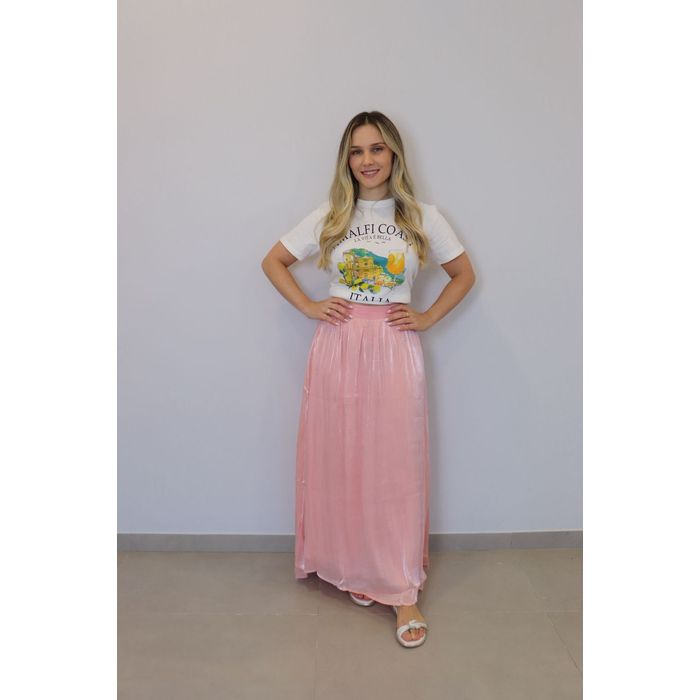 Saia Bellina Midi Acetinado Feminina Cor Rosa