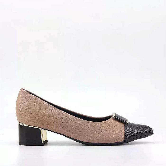 Sapato Piccadilly Salto Bloco Baixo Feminino Cor Nude/Preto