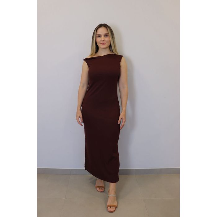 Vestido Lzt Ombo A Ombro Ribana Feminino Cor Marrom
