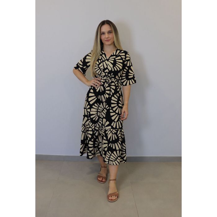 Vestido Kodos Midi Feminino Cor Preto/Bege