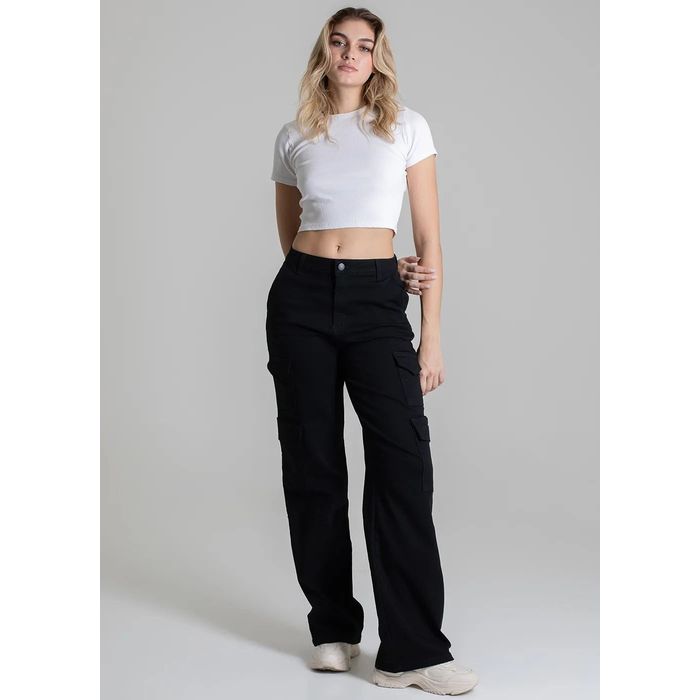 Calça Jeans Sawary Cargo Feminino Cor Preto