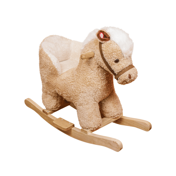 Cavalo de Balanço Musical com Assento em Pelúcia e Madeira Maciça Bege