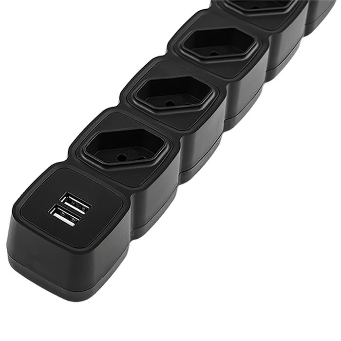 Protetor eletrônico com 4 tomadas e 2 portas USB - EPE 204 USB Preto