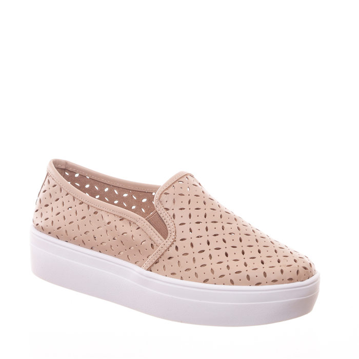 Tênis Shoes Flatform Slip-On Microperfuros Couro Bege