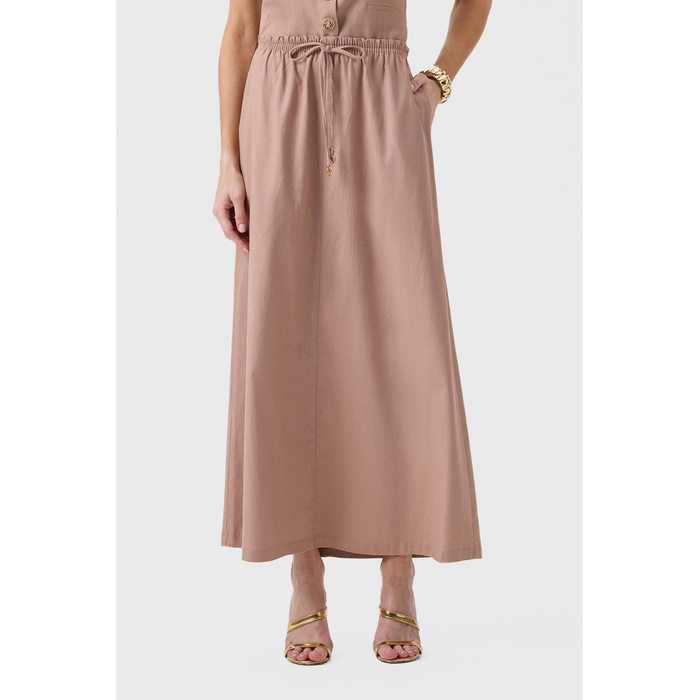 Saia Midi Flor de Lis Viscose Linho Cós Elástico Lisa Bolso Embutido Rosé