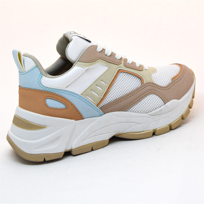 Tênis Chunky Via Marte com Tela Recortes Coloridos Branco e Bege