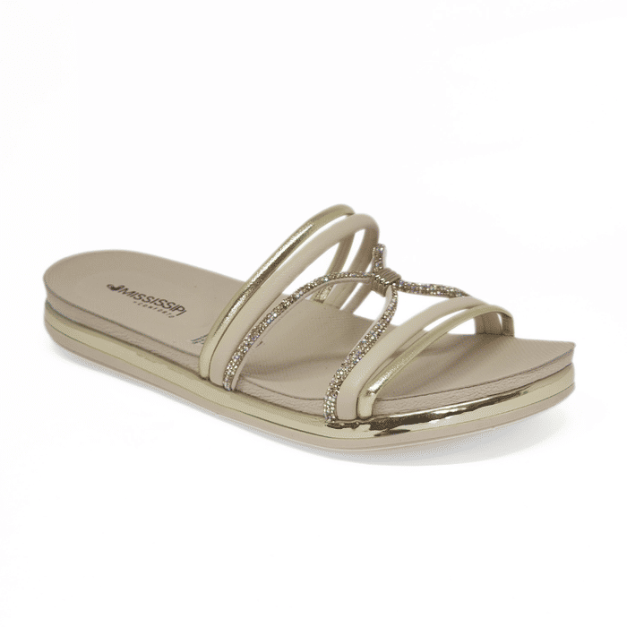 Rasteira Papete Mississipi Metalizada Aplicação Strass Detalhe Metal Nude