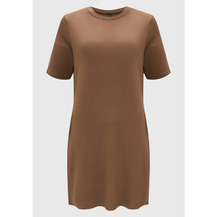 Vestido Curto Lunender Viscose Elastano Manga Curta Liso com Bolso Marrom