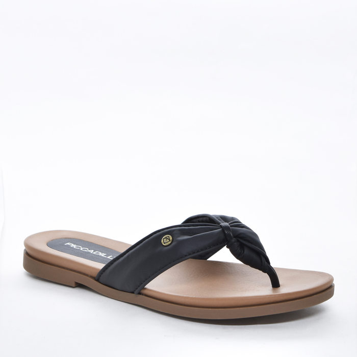 Rasteira Piccadilly Cabedal com Nó Aplicação Logo Metal Preto