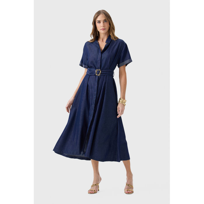 Vestido Midi Flor de Lis Algodão Liocel Gola Colarinho Manga Curta Dobrada Liso Acompanha Cinto Faix