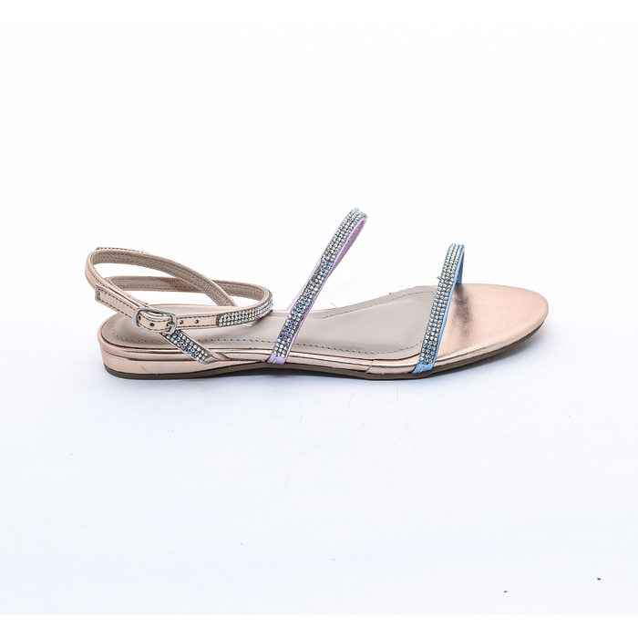 SANDÁLIA VIA MARTE COM TIRAS COLORIDAS STRASS PALMILHA METALIZADA DOURADA