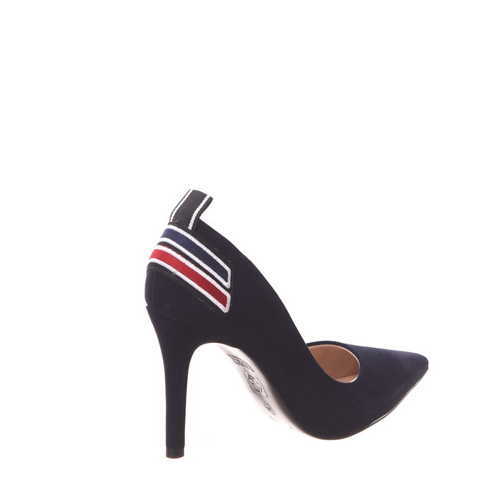 Sapato Scarpin Bebecê Nobuck Bico Fino Detalhe Listra Azul Marinho